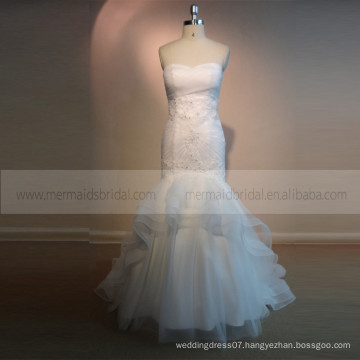 Modest Mermaid Sweet Heart Pleating Beaded Wedding Dress Sleeveless Ruffle Bottom Real Photos